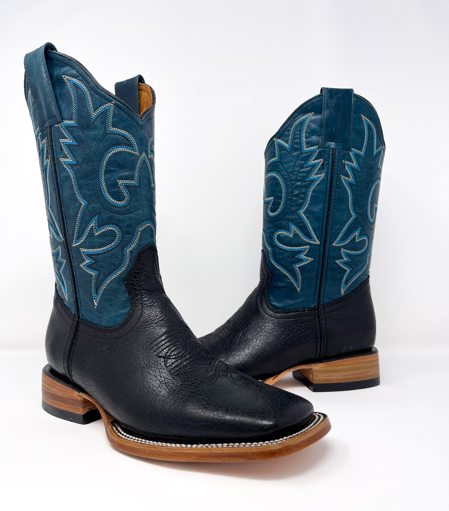 TBC BOOTMAKERS Black Leather Blue Top Square Toe 3001