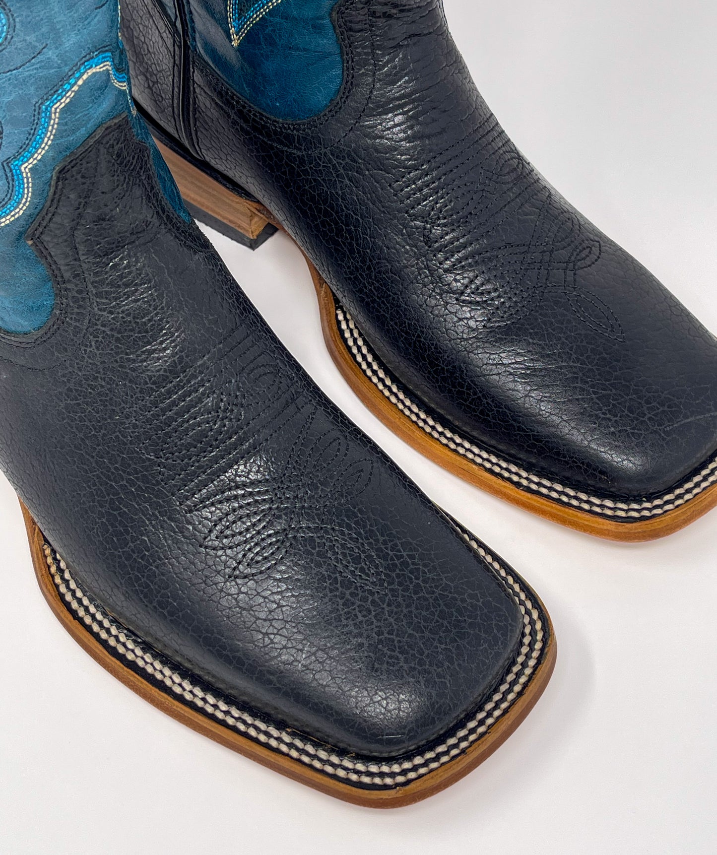 TBC BOOTMAKERS Black Leather Blue Top Square Toe 3001