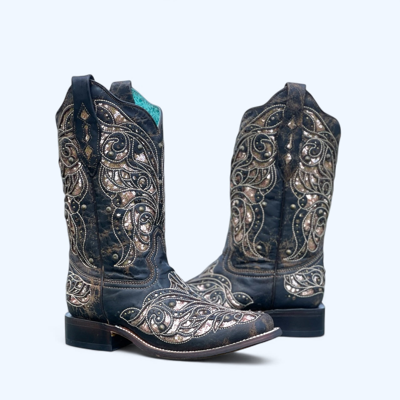 CORRAL WOMENS BLACK & HONEY INLAY & EMBROIDERY & STUDS